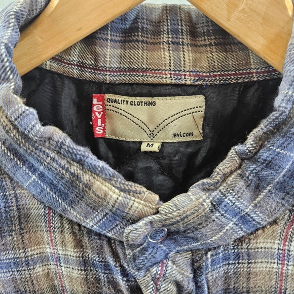 Levi's Mens Flannel Shacket Plaid‎ Quilted Lined Button Up Medium Blue Tan - Picture 3 of 9